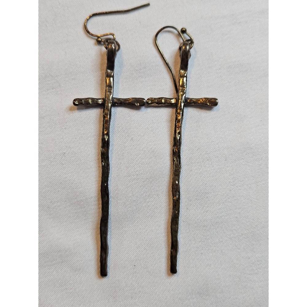 Hammered Metal Long Cross Earrings Antiqued Bronze Tone Gothic Boho Religion
